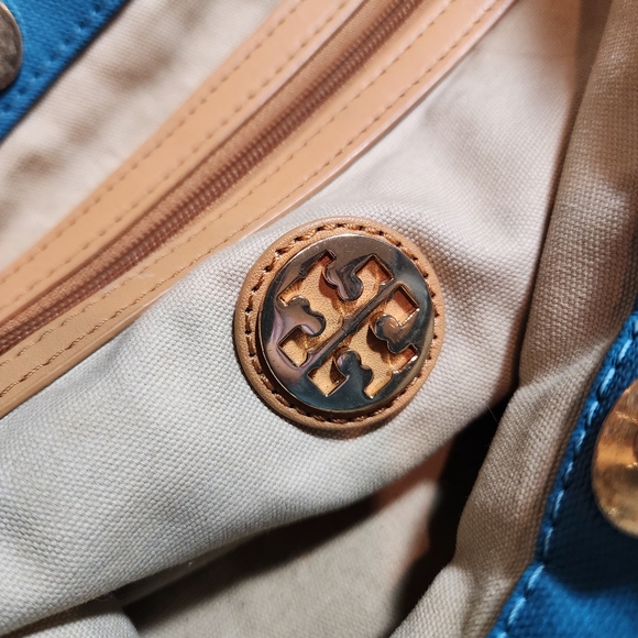TORY BURCH Jaden Blue Brown Canvas Leather Tote Bag - Picture 6 of 11